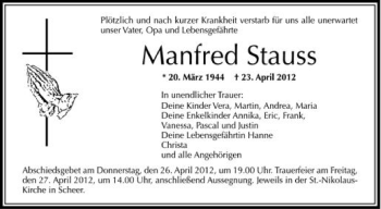 Anzeige von Manfred Stauss von Schwäbische Zeitung