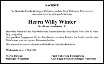 Anzeige von Willy Winter von Schwäbische Zeitung