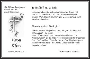 Anzeige von Rosa Klotz von Schwäbische Zeitung