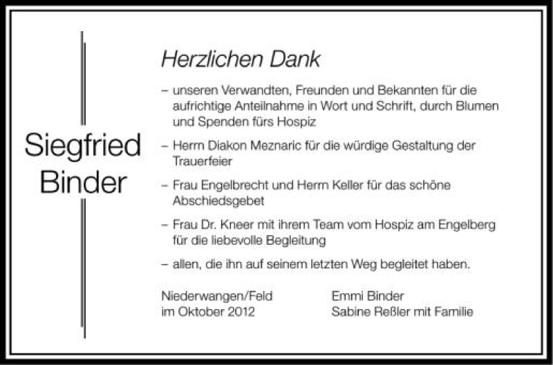  Traueranzeige für Siegfried Binder vom 10.10.2012 aus Schwäbische Zeitung