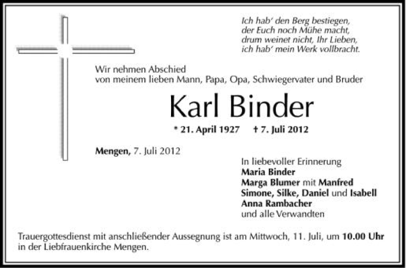  Traueranzeige für Karl Binder vom 10.07.2012 aus Schwäbische Zeitung