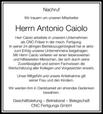 Anzeige von Antonio Caiolo von Schwäbische Zeitung