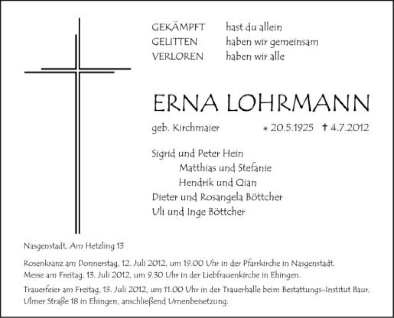 Traueranzeige für Erna Lohrmann vom 07.07.2012 aus Schwäbische Zeitung