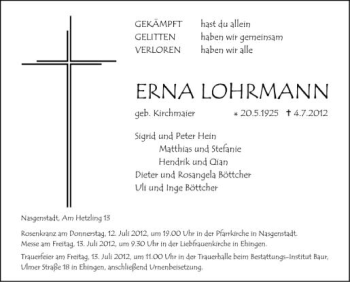 Anzeige von Erna Lohrmann von Schwäbische Zeitung