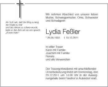 Anzeige von Lydia Feßler von Schwäbische Zeitung