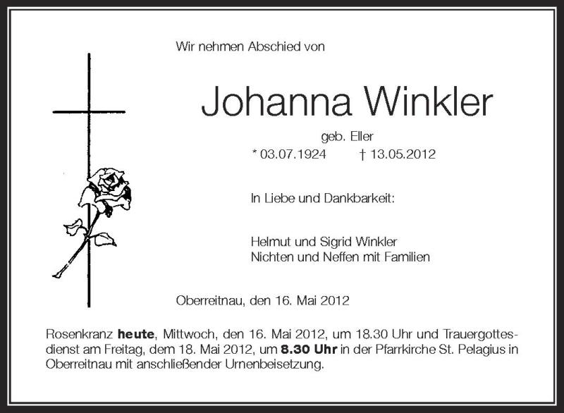  Traueranzeige für Johanna Winkler vom 16.05.2012 aus Schwäbische Zeitung