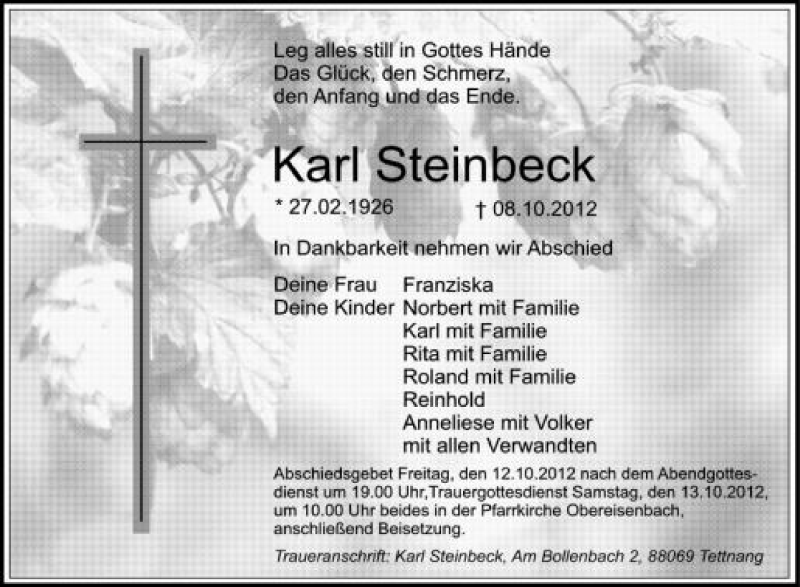  Traueranzeige für Karl Steinbeck vom 10.10.2012 aus Schwäbische Zeitung