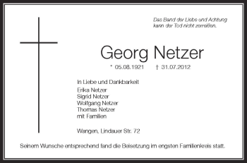 Anzeige von Georg Netzer von Schwäbische Zeitung