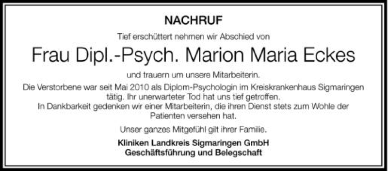  Traueranzeige für Marion Maria Eckes vom 14.09.2012 aus Schwäbische Zeitung
