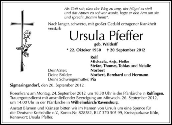 Anzeige von Ursuala Pfeffer von Schwäbische Zeitung