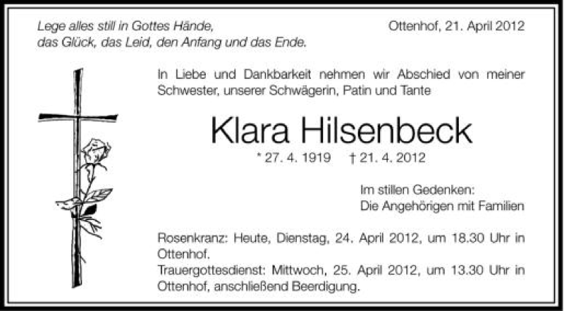  Traueranzeige für Klara Hilsenbeck vom 24.04.2012 aus Schwäbische Zeitung