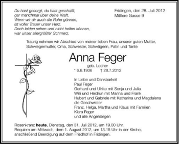 Anzeige von Anna Feger von Schwäbische Zeitung
