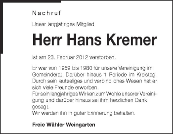 Anzeige von Hans Kremer von Schwäbische Zeitung