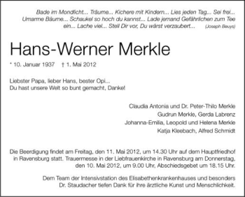 Anzeige von Hans-Werner Merkle von Schwäbische Zeitung