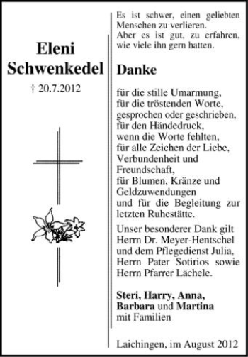 Anzeige von Eleni Schwenkedel von Schwäbische Zeitung