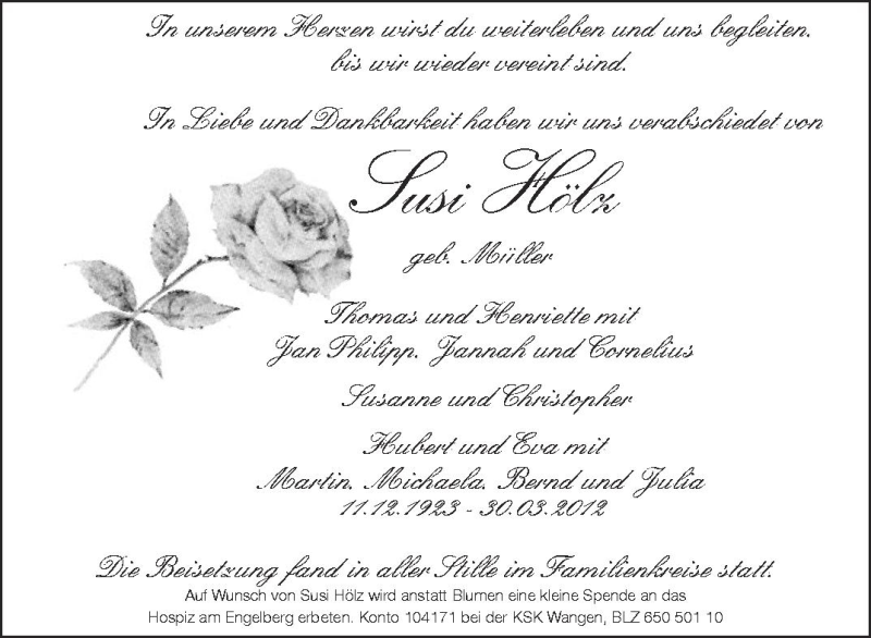  Traueranzeige für Susi Hölz vom 11.04.2012 aus Schwäbische Zeitung