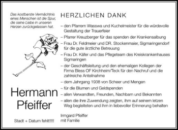 Anzeige von Hermann Pfeiffer von Schwäbische Zeitung