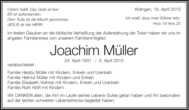  Traueranzeige für Joachim Müller vom 18.04.2015 aus Schwäbische Zeitung