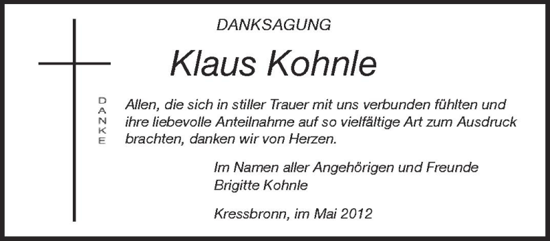  Traueranzeige für Klaus Kohnle vom 18.05.2012 aus Schwäbische Zeitung