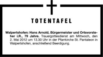 Anzeige von Hans Arnold von Schwäbische Zeitung