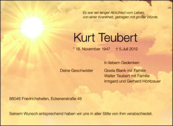 Anzeige von Kurt Teuber von Schwäbische Zeitung
