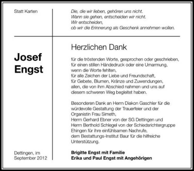  Traueranzeige für Josef Engst vom 21.09.2012 aus Schwäbische Zeitung
