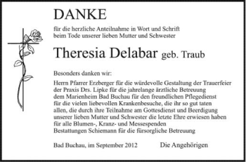 Anzeige von Theresia Delabar von Schwäbische Zeitung