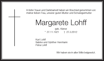 Anzeige von Margarete Lohff von Schwäbische Zeitung