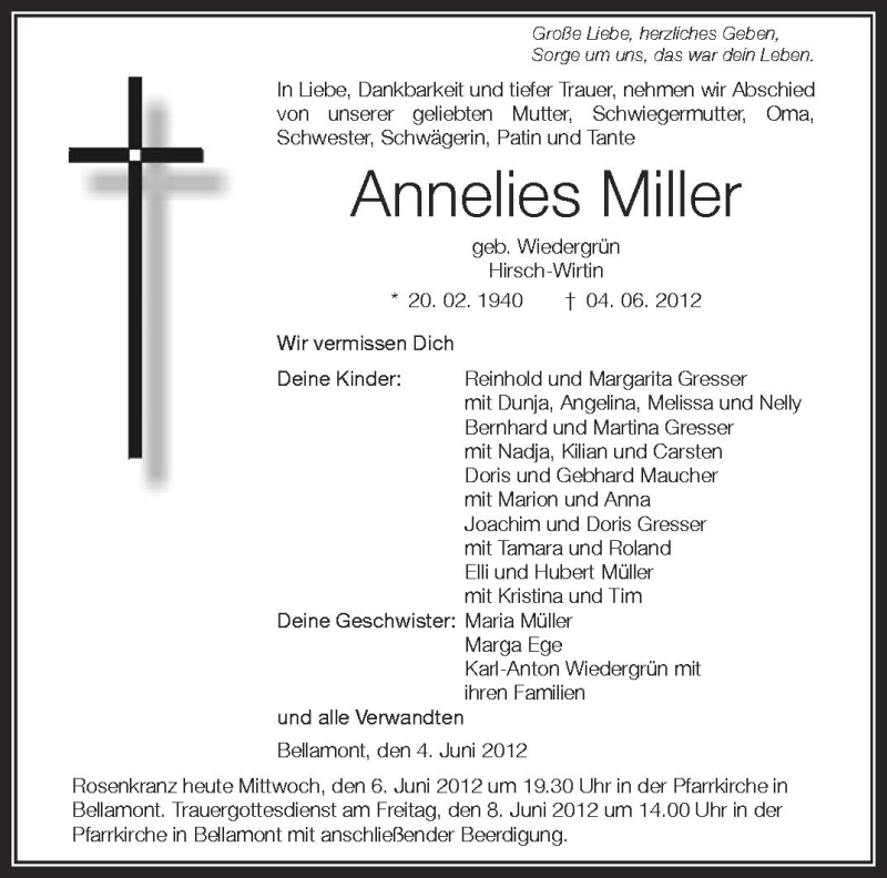  Traueranzeige für Annelies Miller vom 06.06.2012 aus Schwäbische Zeitung