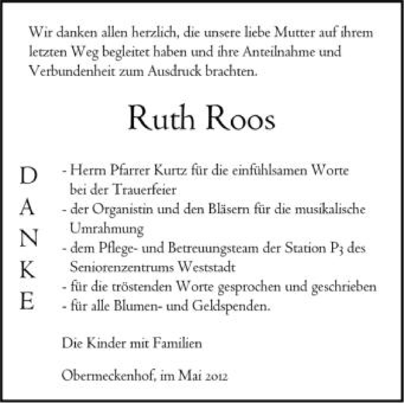  Traueranzeige für Ruth Roos vom 19.05.2012 aus Schwäbische Zeitung