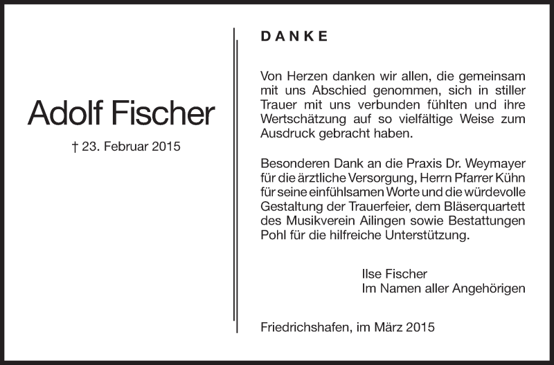 Traueranzeige für Adolf Fischer vom 13.03.2015 aus Schwäbische Zeitung