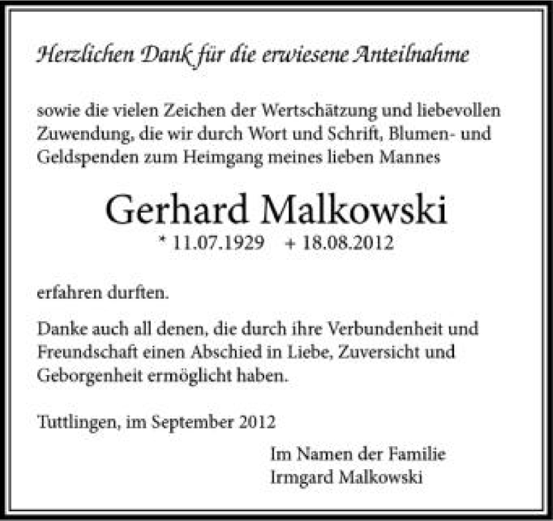  Traueranzeige für Gerhard Malkowski vom 13.09.2012 aus Schwäbische Zeitung