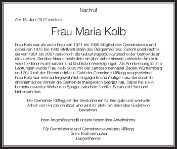 Anzeige von Maria Kolb von Schwäbische Zeitung