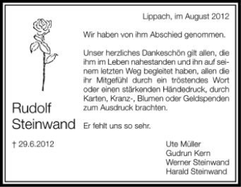Anzeige von Rudolf Steinwand von Schwäbische Zeitung