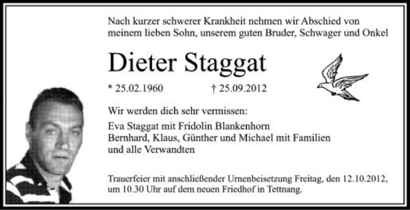  Traueranzeige für Dieter Stagga vom 06.10.2012 aus Schwäbische Zeitung