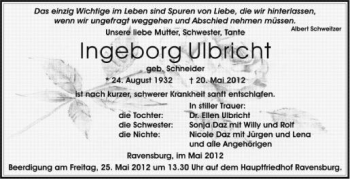 Anzeige von Ingeborg Ulbricht von Schwäbische Zeitung