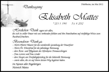 Anzeige von Elisabeth Mattes von Schwäbische Zeitung