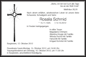 Anzeige von Rosalia Schmid von Schwäbische Zeitung