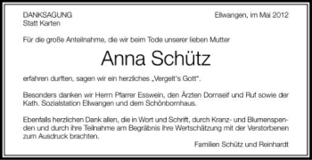 Anzeige von Anna Schütz von Schwäbische Zeitung