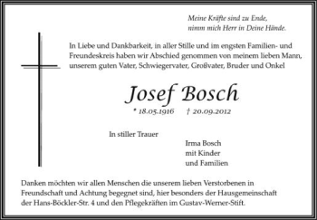 Anzeige von Josef Bosch von Schwäbische Zeitung