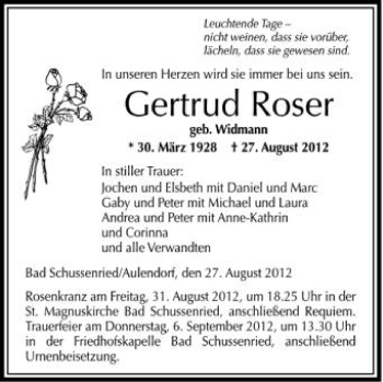 Anzeige von Gertrud Roser von Schwäbische Zeitung