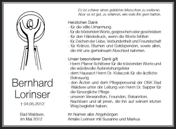 Anzeige von Bernhard Lorinser von Schwäbische Zeitung