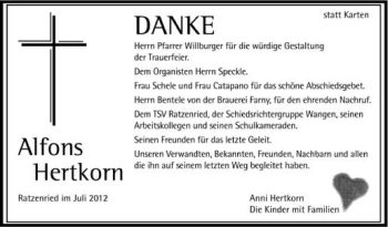 Anzeige von Alfons Hertkorn von Schwäbische Zeitung
