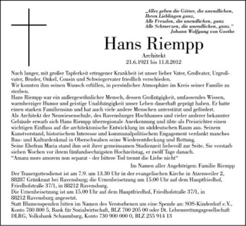 Anzeige von Hans Riempp von Schwäbische Zeitung