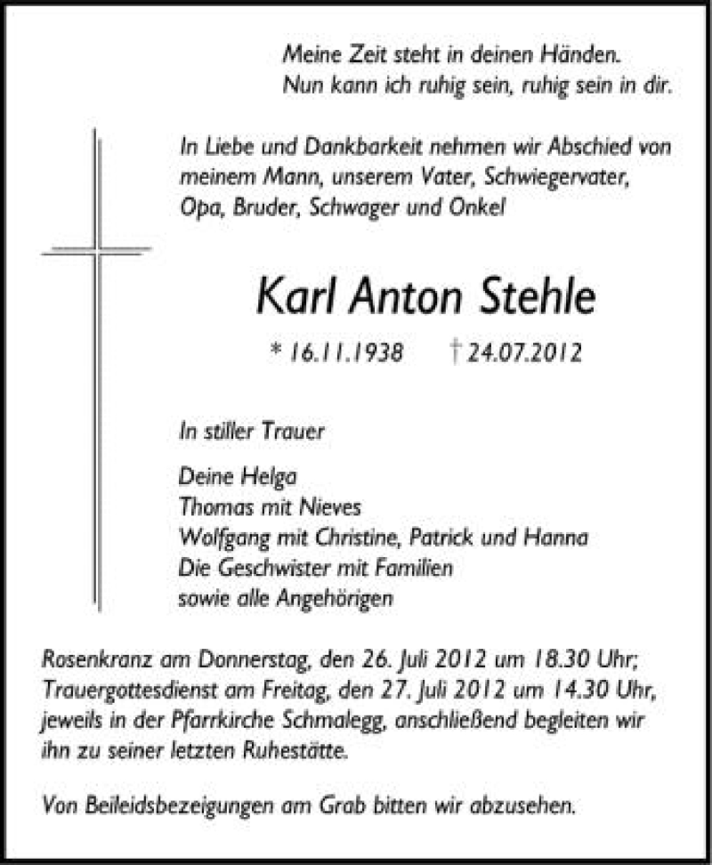  Traueranzeige für Karl Anton Stehle vom 26.07.2012 aus Schwäbische Zeitung