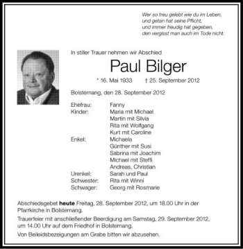 Anzeige von Paul Bilger von Schwäbische Zeitung