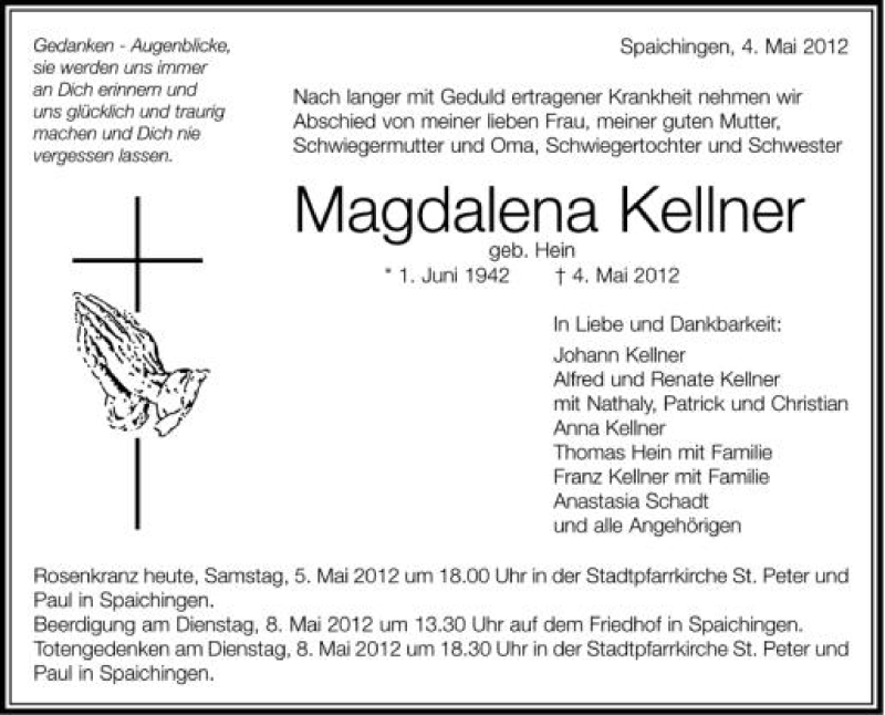  Traueranzeige für Magdalena Kellner vom 05.05.2012 aus Schwäbische Zeitung