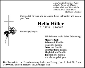 Anzeige von Hella Hiller von Schwäbische Zeitung