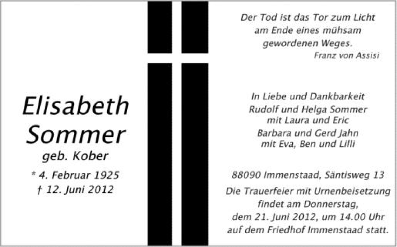  Traueranzeige für Elisabeth Sommer vom 18.06.2012 aus Schwäbische Zeitung