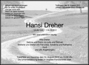 Anzeige von Hansi Dreher von Schwäbische Zeitung